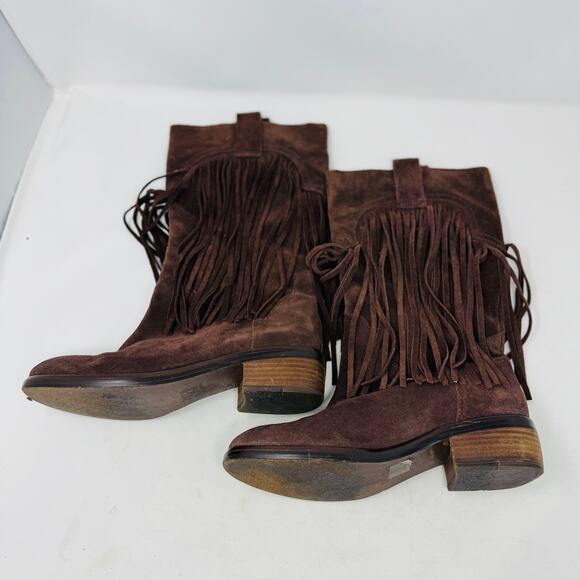 Lucky Brand Suede Fringe Western Boots Brown Mid-Calf Pull On Size 8 - Picture 8 of 11